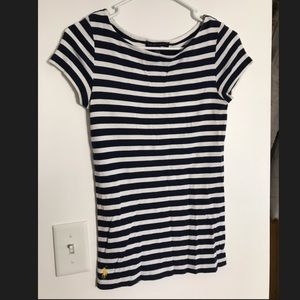 Navy blue and white stripped shirt.